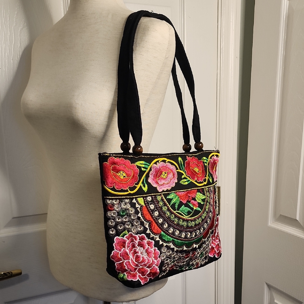 Elegant Mexican Black Floral Embroidered Shoulder Bag.